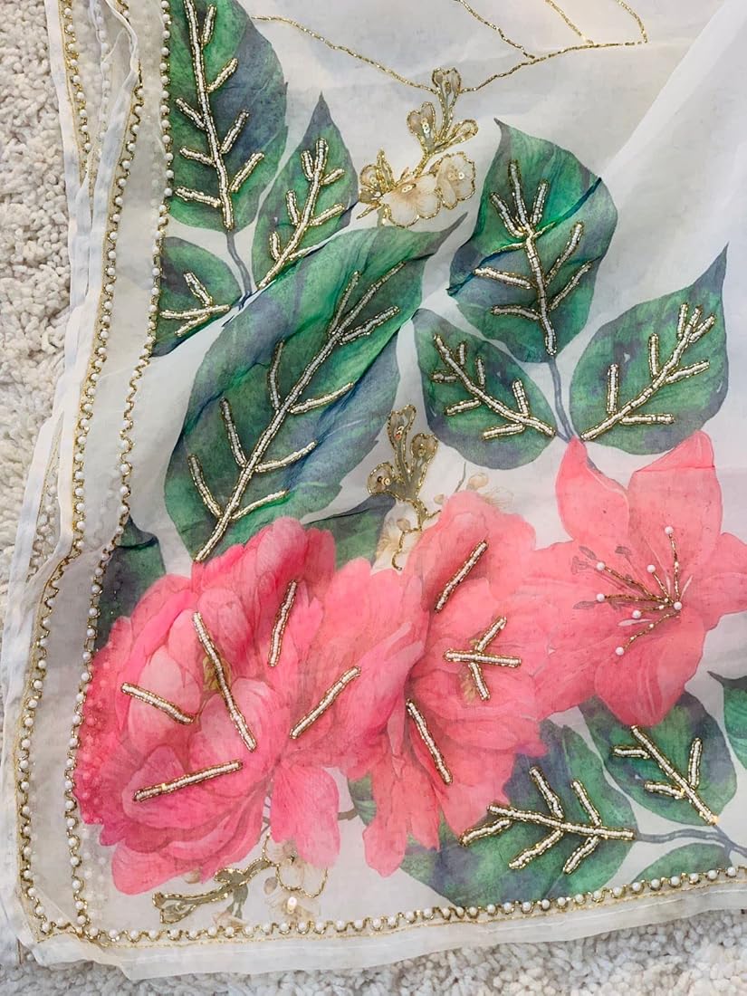 Pearls and Petals Elegant Organza Saree Beautiful print with Heavy Handcrafted Khatli and Pearl work all over saree paired with Plain Cherry Red Color Blouse Piece