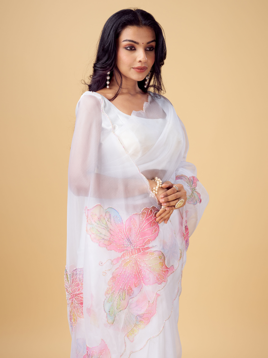 PEARL WHITE Organza Saree Multi Color Pearl Work Digital Printed Multi Color Butterfly π¦ Work and Aacro Border Pearl Work