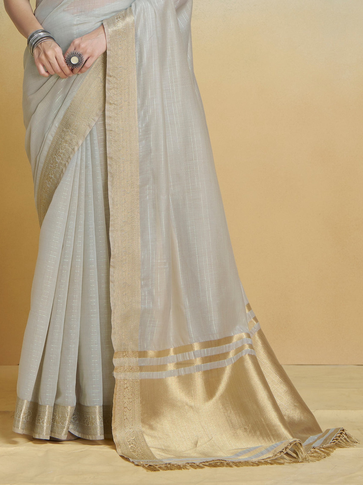 PEARL GREY PURE HANDLOOM KHADI SILK SAREE WITH Rainbow Jari Lining All Over The Saree and Heavy Weaving Border and Pallu