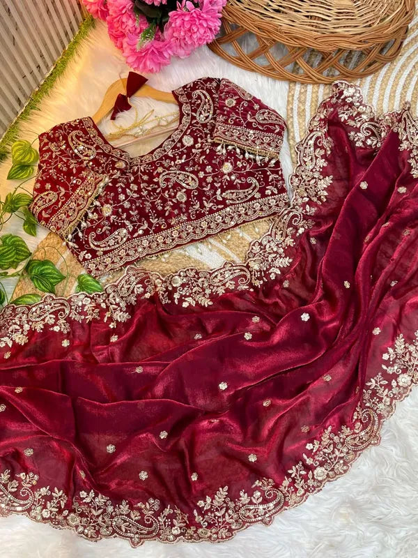 Maroon space silk embroidery saree