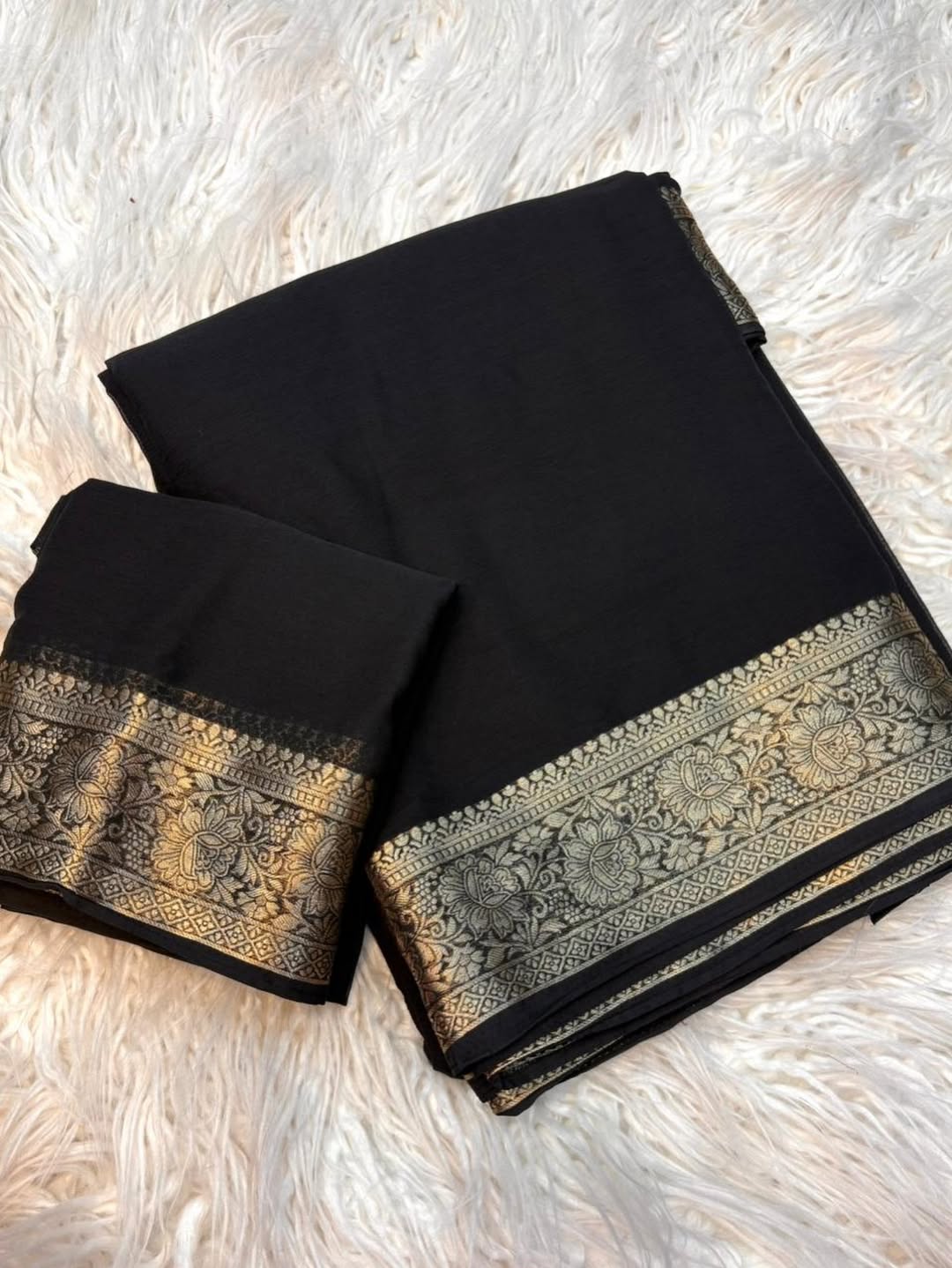 Bold Black Elegance Chiffon Saree— sheer grace with a rich golden border, timeless and powerful