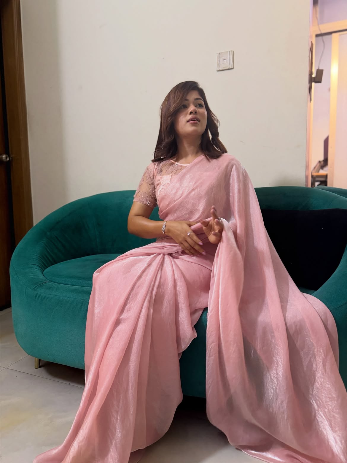 Light Blush Pink Premium Fendi Silk Saree with Heavy Designer Blouse Piece