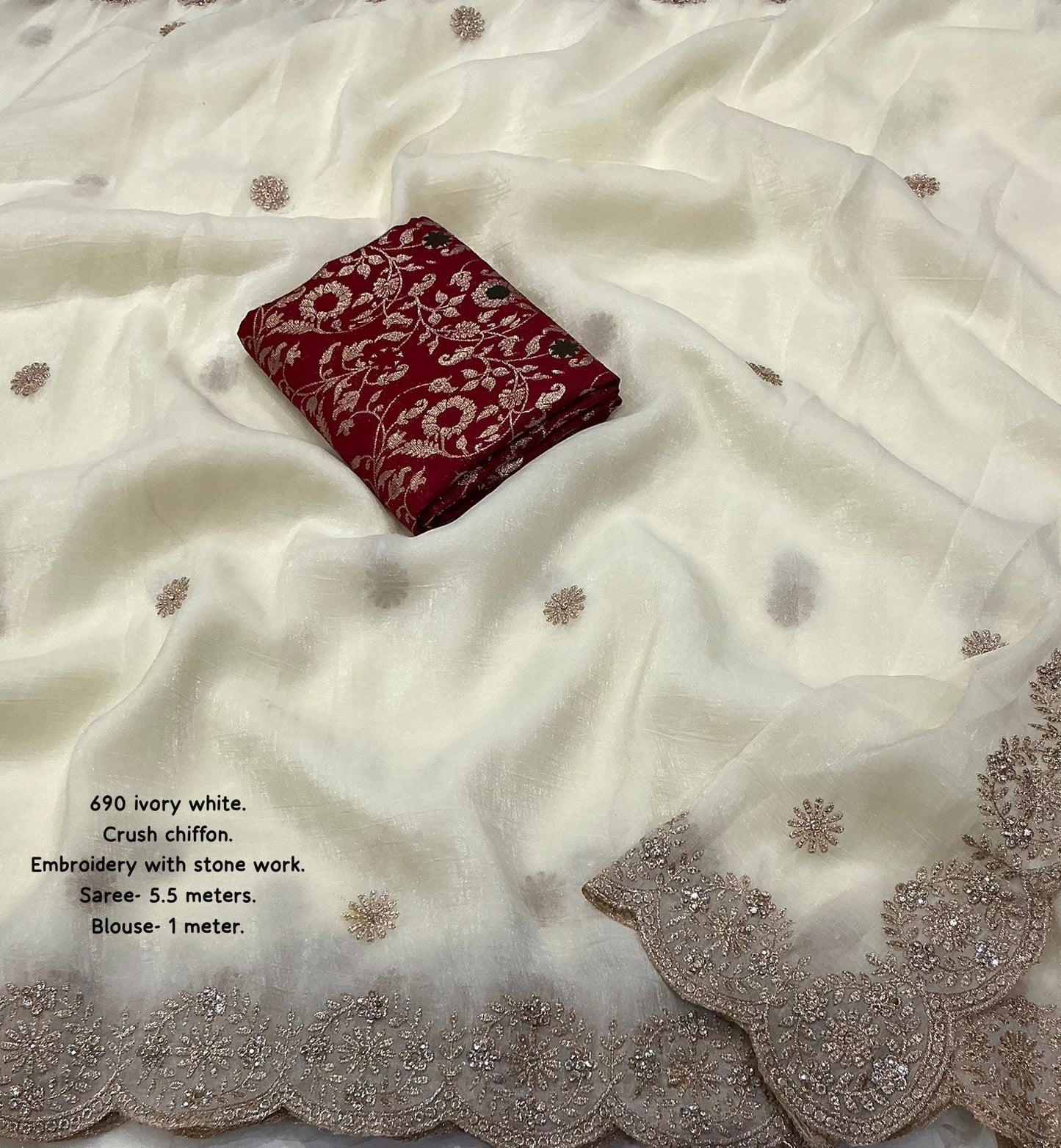 IVORY WHITE Color soft crunchy crush georgette saree with zari embroidery and stone work