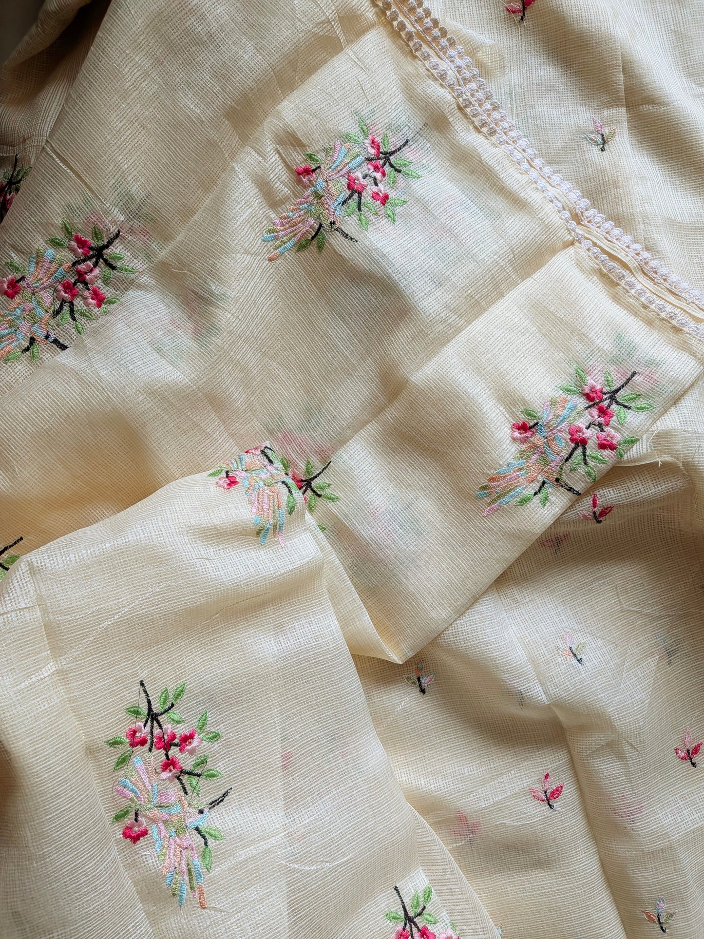 IVORY Color Premium Kota Dariya Colorful BIRD 🦅 Embroidery Saree