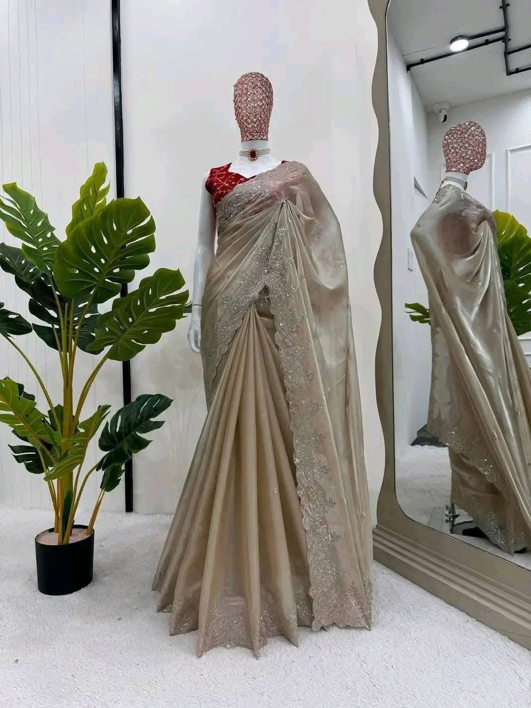 Beige Color Jimi Choo Organza Sequins Embriodery saree with Vermilion Red Color Jari Embroidery blouse piece