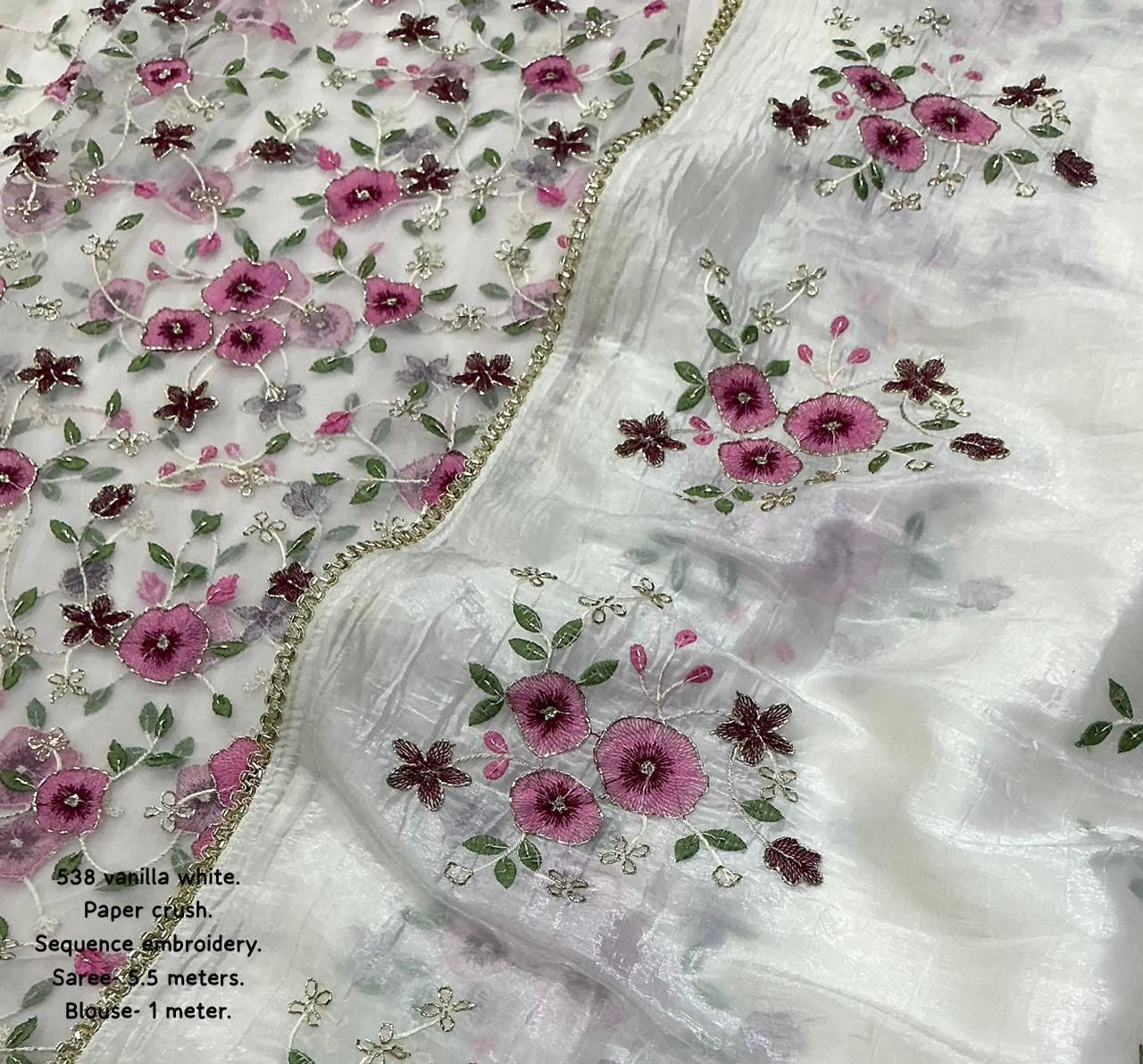 VANILLA WHITE Soft paper crush saree with thread flower embroidery