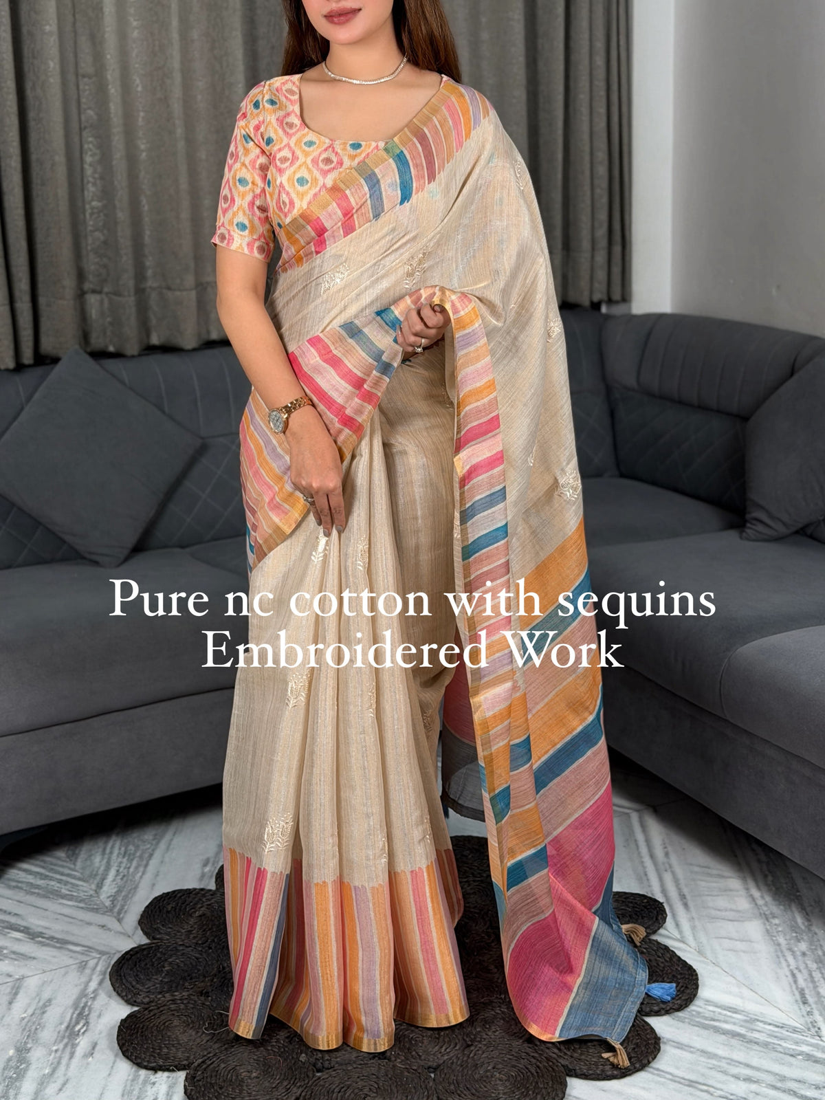 Beige and Rainbow-striped NC Cotton Saree