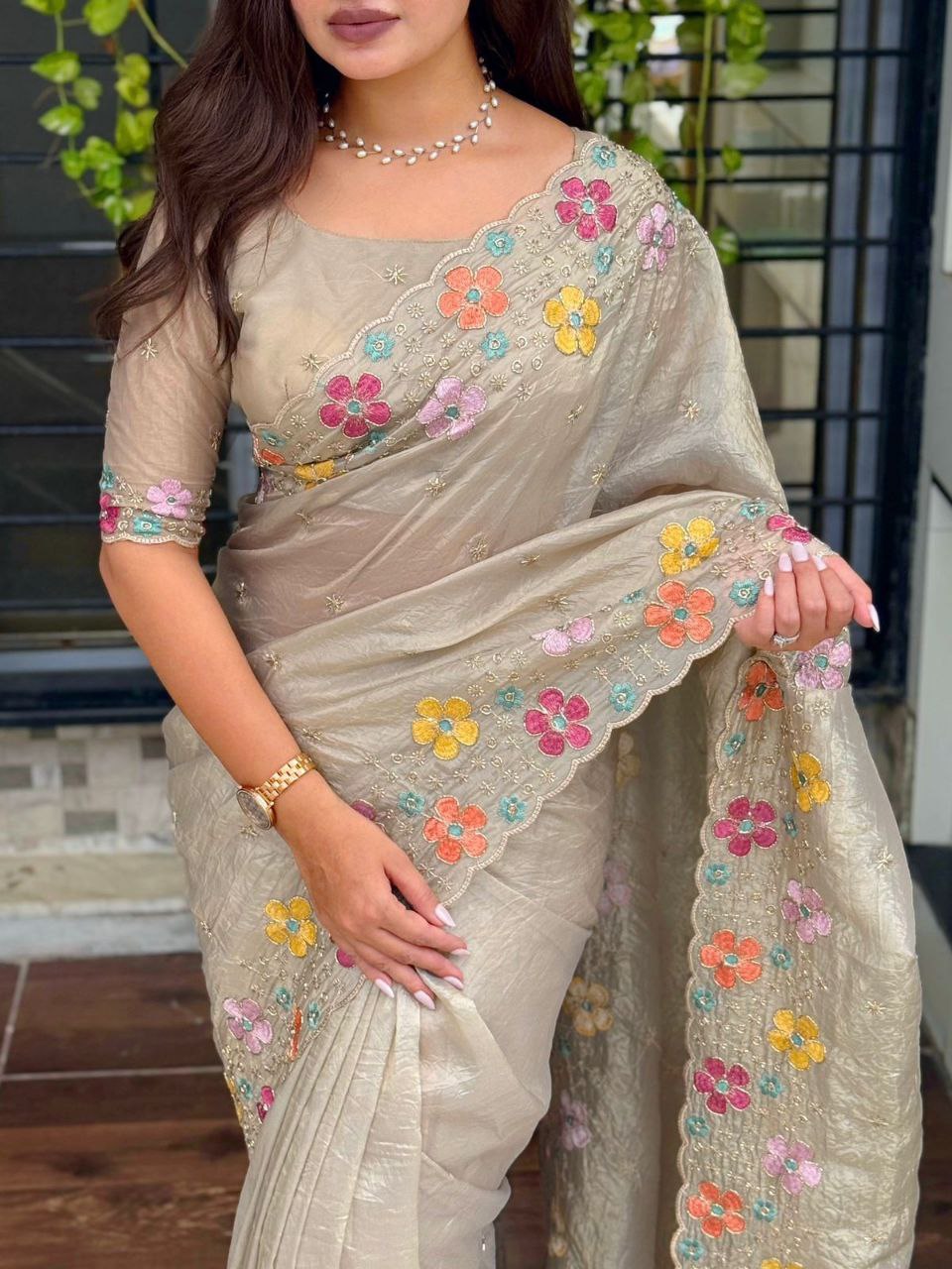 Soft Crushed Sufi Silk Saree DUSTY BEIGE COLOR adorned with exquisite beads embroidery that speaks elegance in every thread Perfect for any celebration