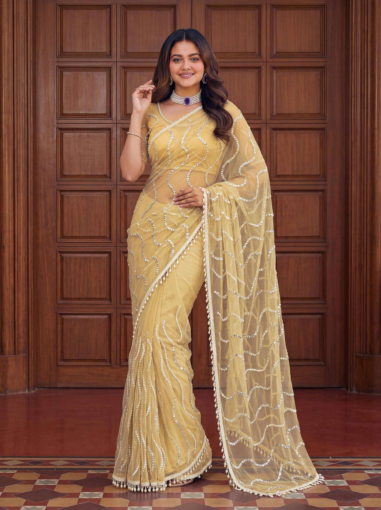 PASTEL YELLOW Color Net Saree with Designer work