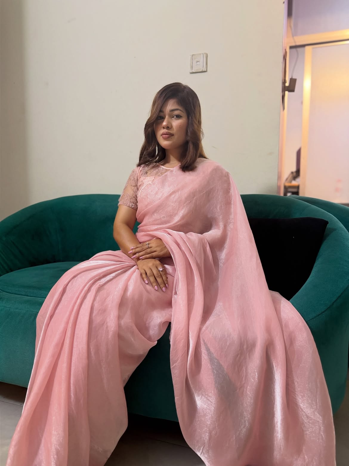 Light Blush Pink Premium Fendi Silk Saree with Heavy Designer Blouse Piece