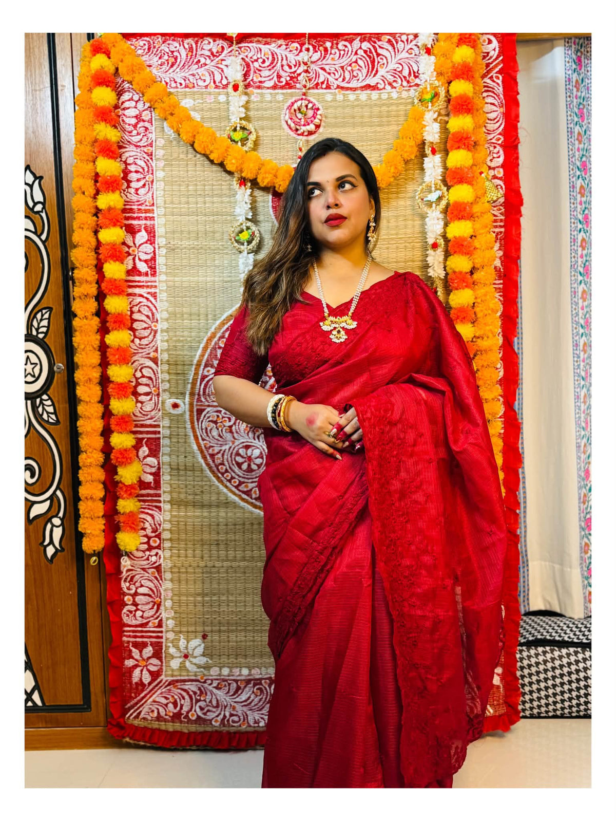 RUBY RED Industrial Kota Chex Embroidery Saree