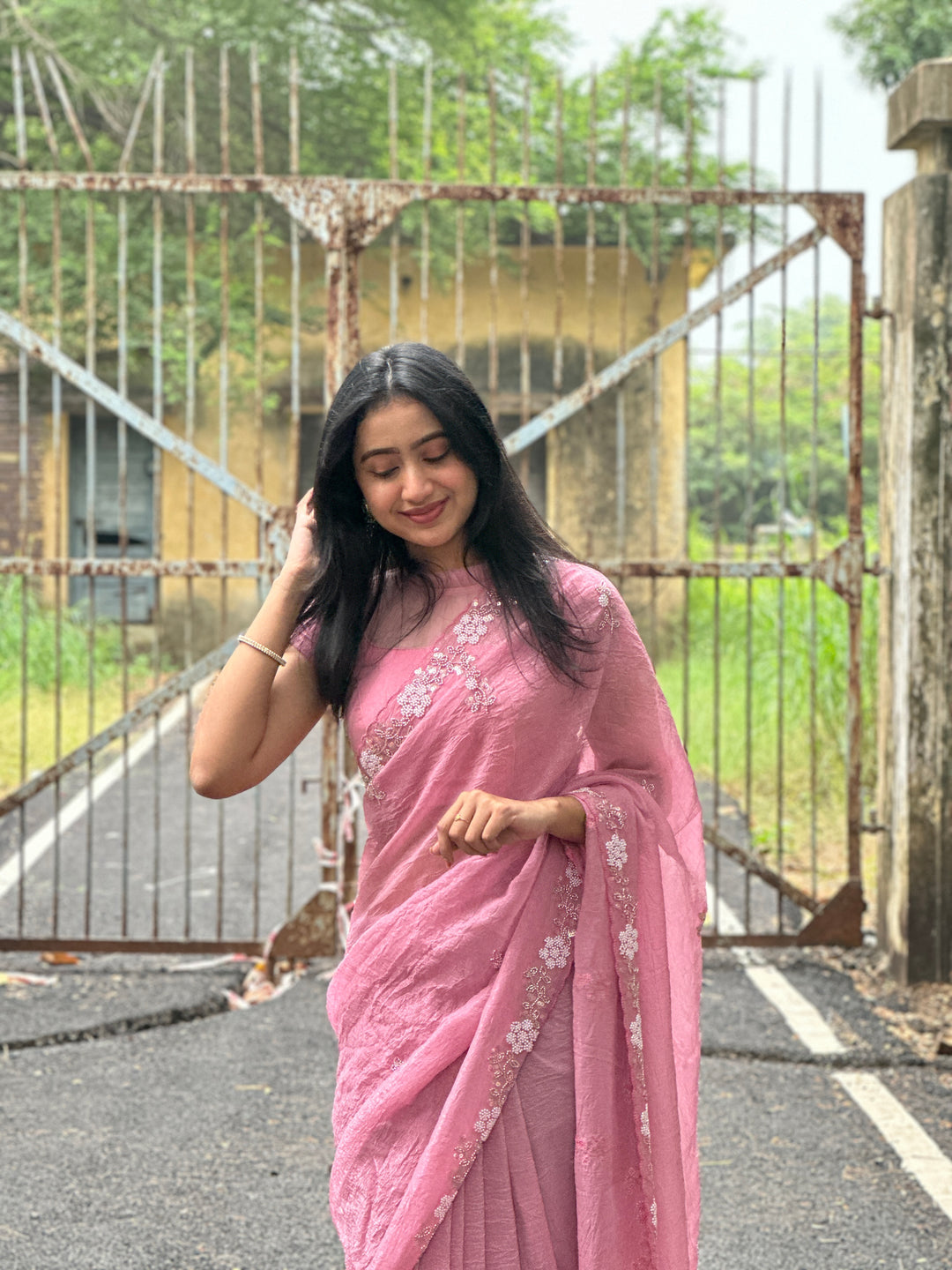 LIGHT PINK Chiffon Silk Saree Heavy Handwork with Beads work, Khatli Work, Sequins Work and Aacro Border