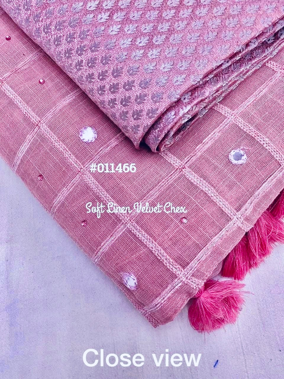PEARL PINK Color Soft Linen Saree with weaving chex of Velvet thread