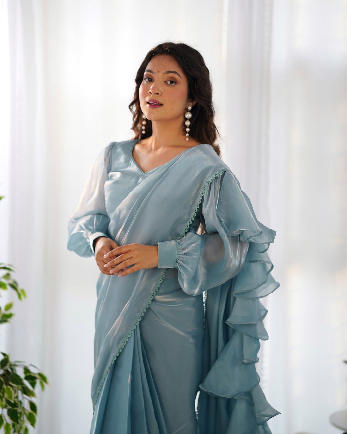 SEAFOAM BLUE Color PREMIUM QUALITY ORGANZA Saree with STITCHED BLOUSE