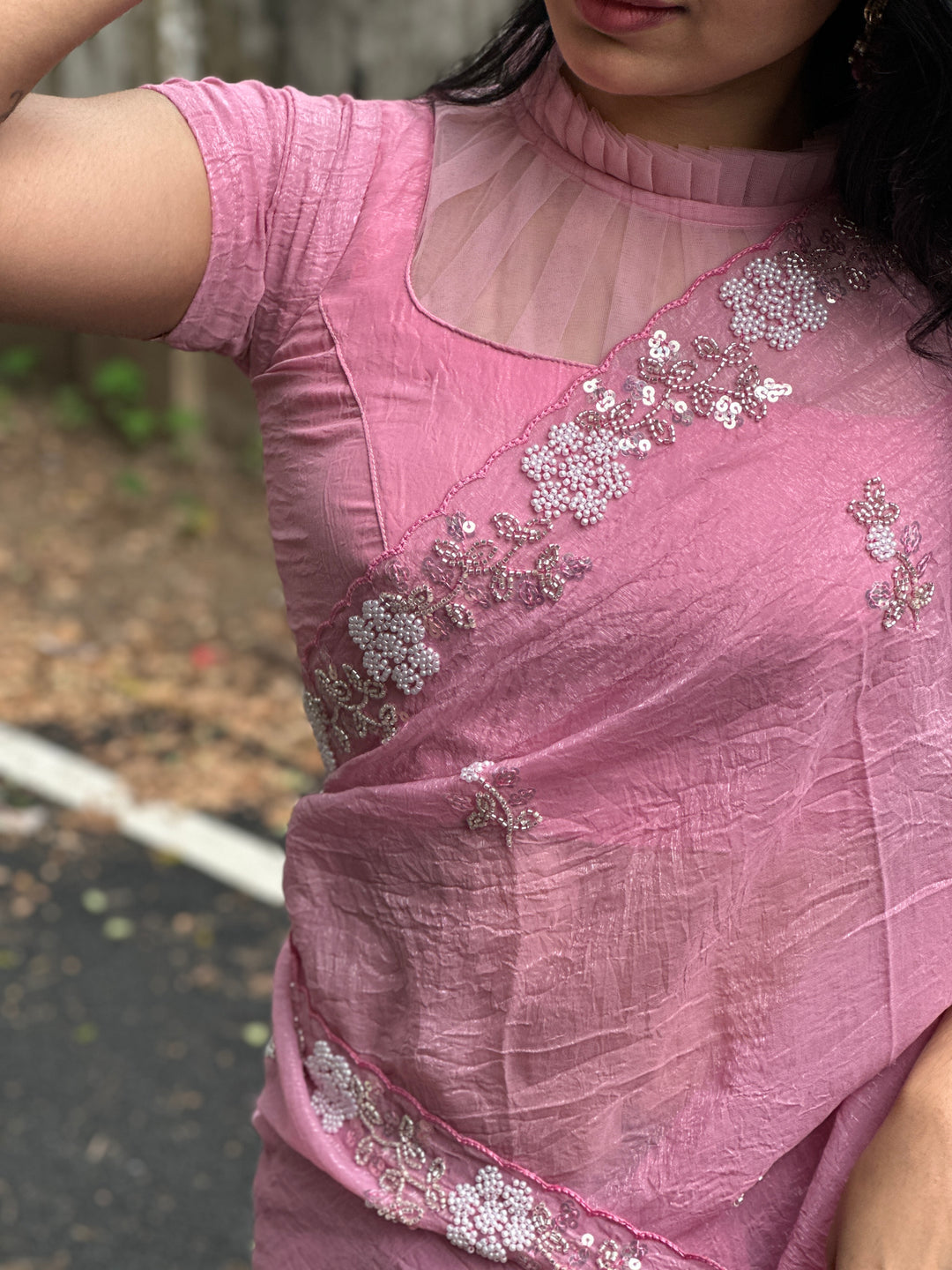 LIGHT PINK Chiffon Silk Saree Heavy Handwork with Beads work, Khatli Work, Sequins Work and Aacro Border