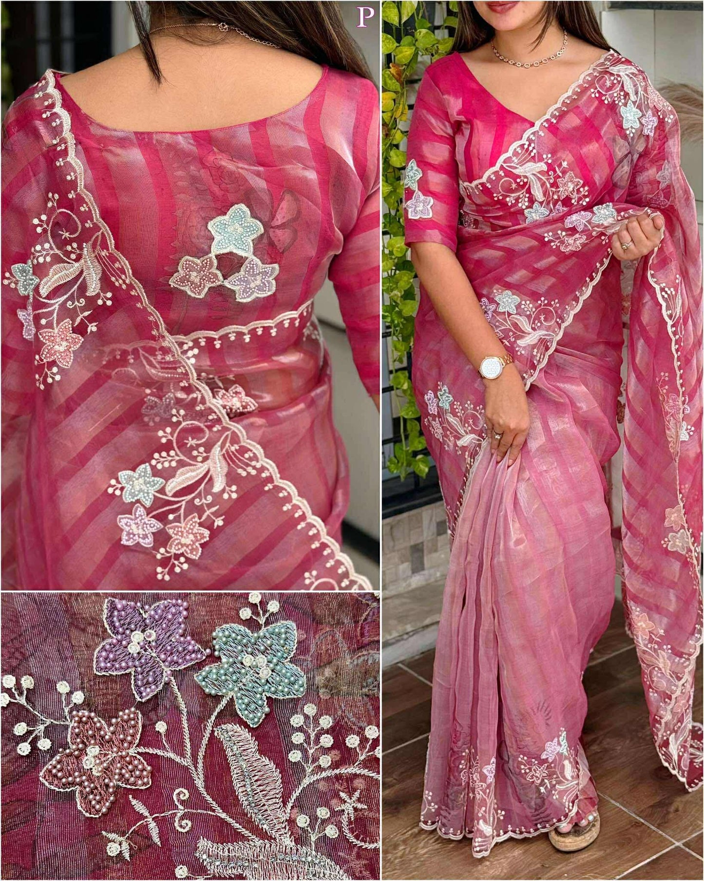 Pink Shaded Pure Tissue Saree with Thread Embroidery work, Pearl stone work in full saree with Silver and Gold zari weaving stripes