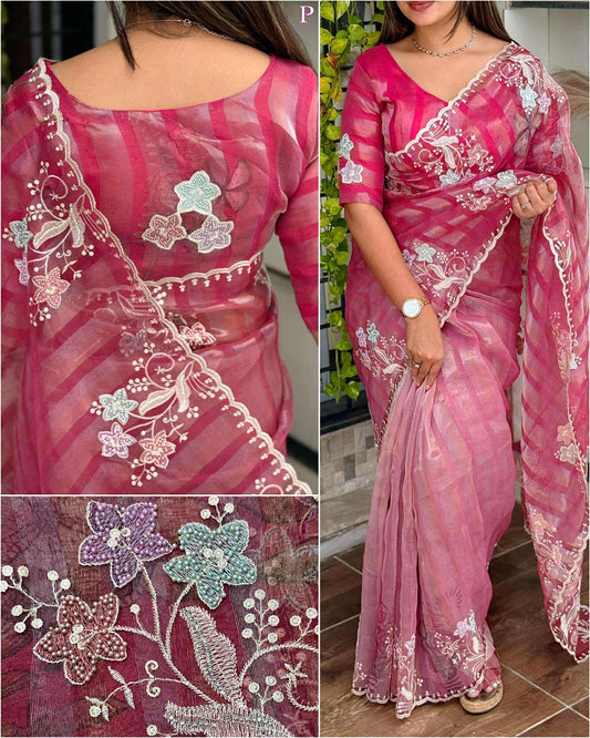 Pink Shaded Pure Tissue Saree with Thread Embroidery work, Pearl stone work in full saree with Silver and Gold zari weaving stripes