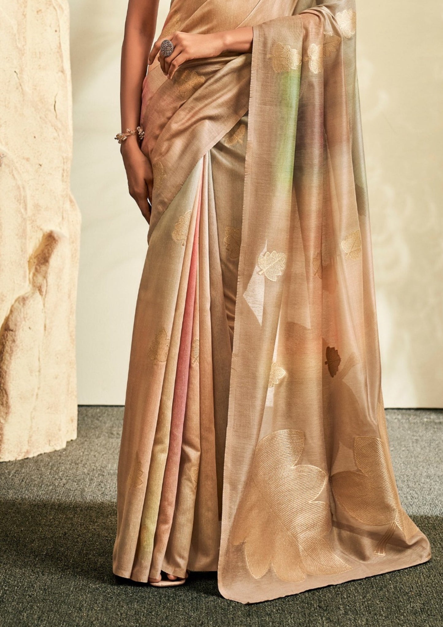 CHAMPAGNE BEIGE Color base KHADI SILK Saree flows gracefully with warm gold, pastel blush pink, muted sage green