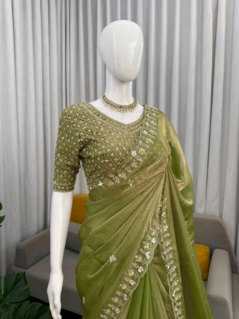 Pure Soft Space Silk Saree with beads and sequins work