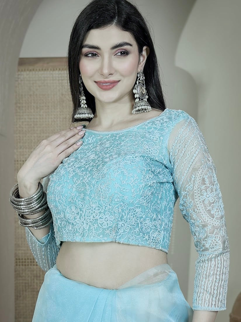 COLUMBIA BLUE Color Organza Silk Saree