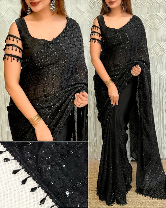JET BLACK Color Fendi Satin Saree