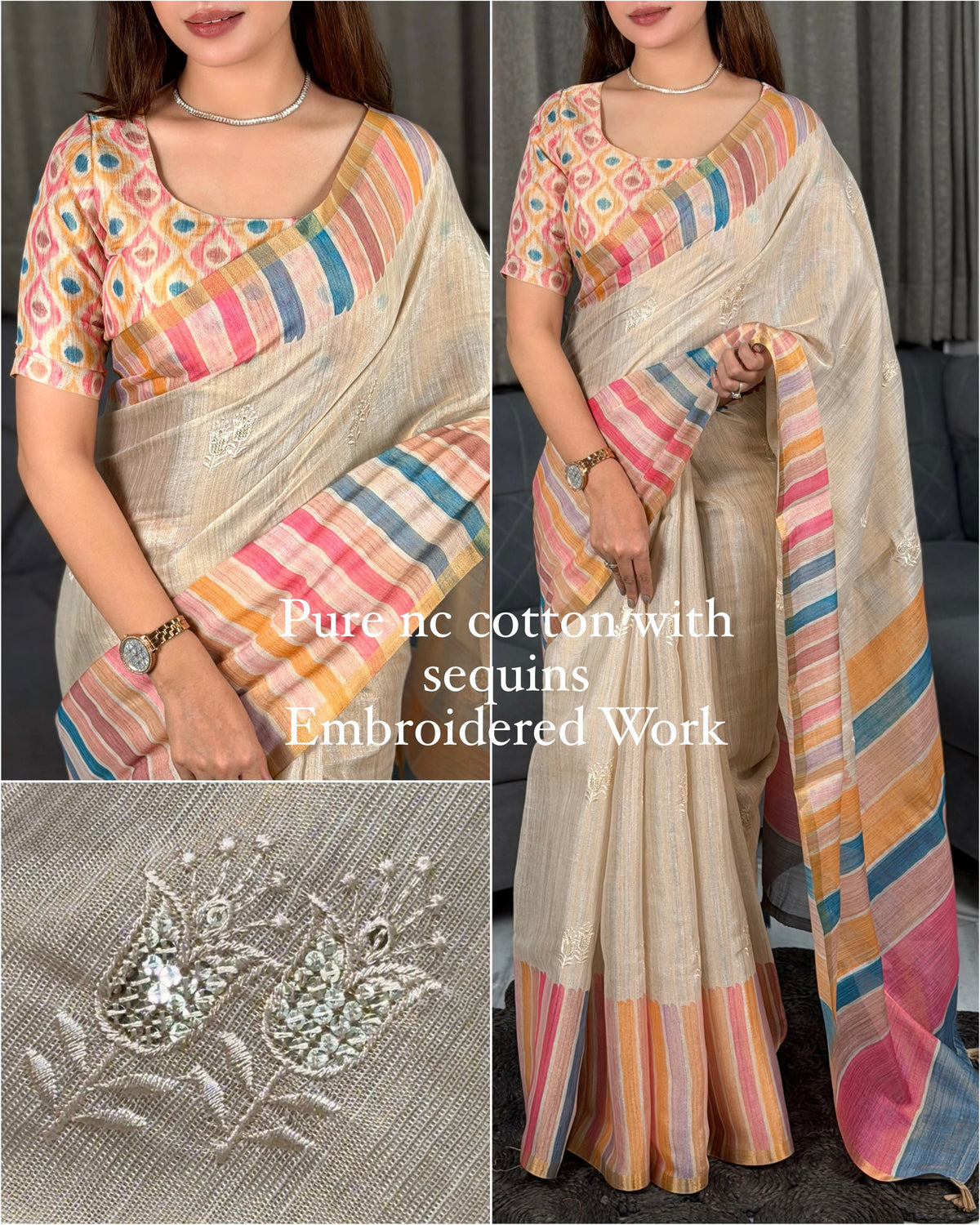 Beige and Rainbow-striped NC Cotton Saree