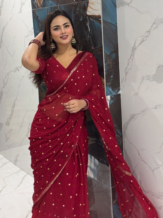 DEEP MAROON Viscose Georgette Saree with Jari Weaving Satin Border and Sequins Work allover the body