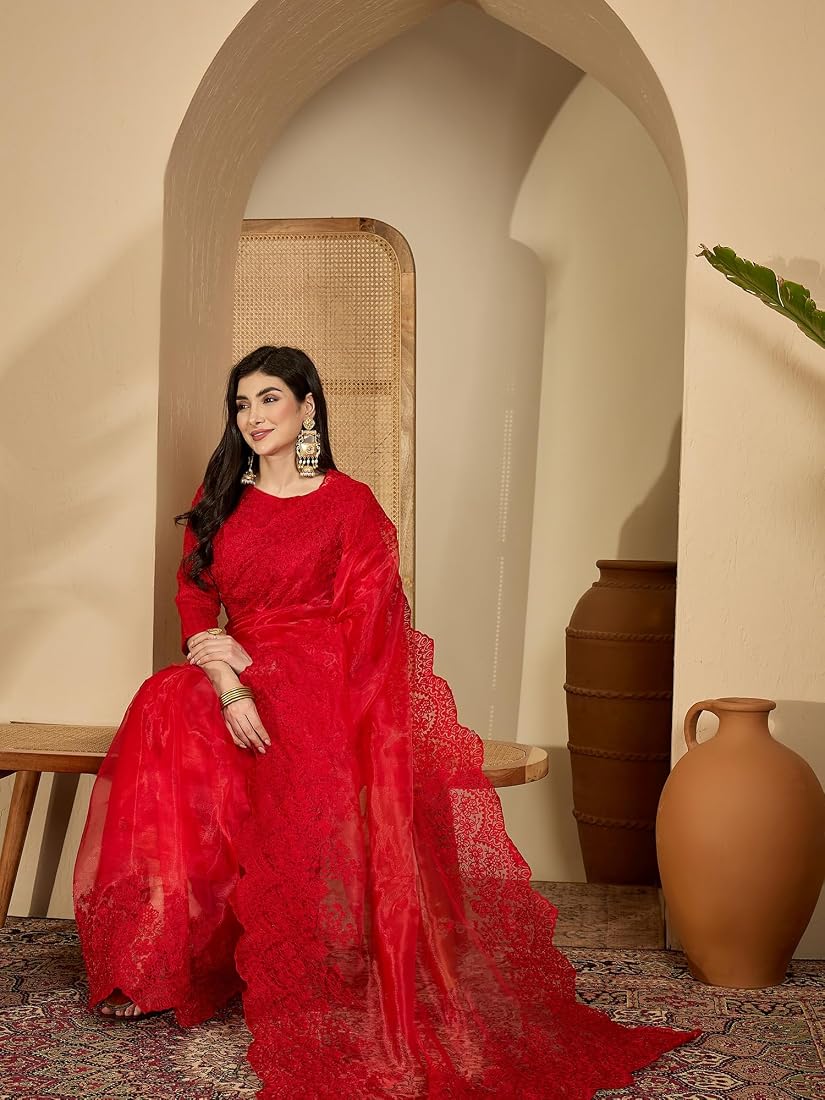 Vermillion Red Color Organza Silk Saree