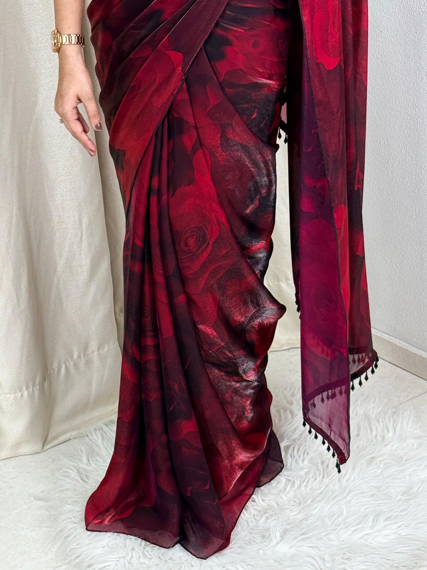 Fandy Satin floral pattern Saree with heavy bead-work blouse
