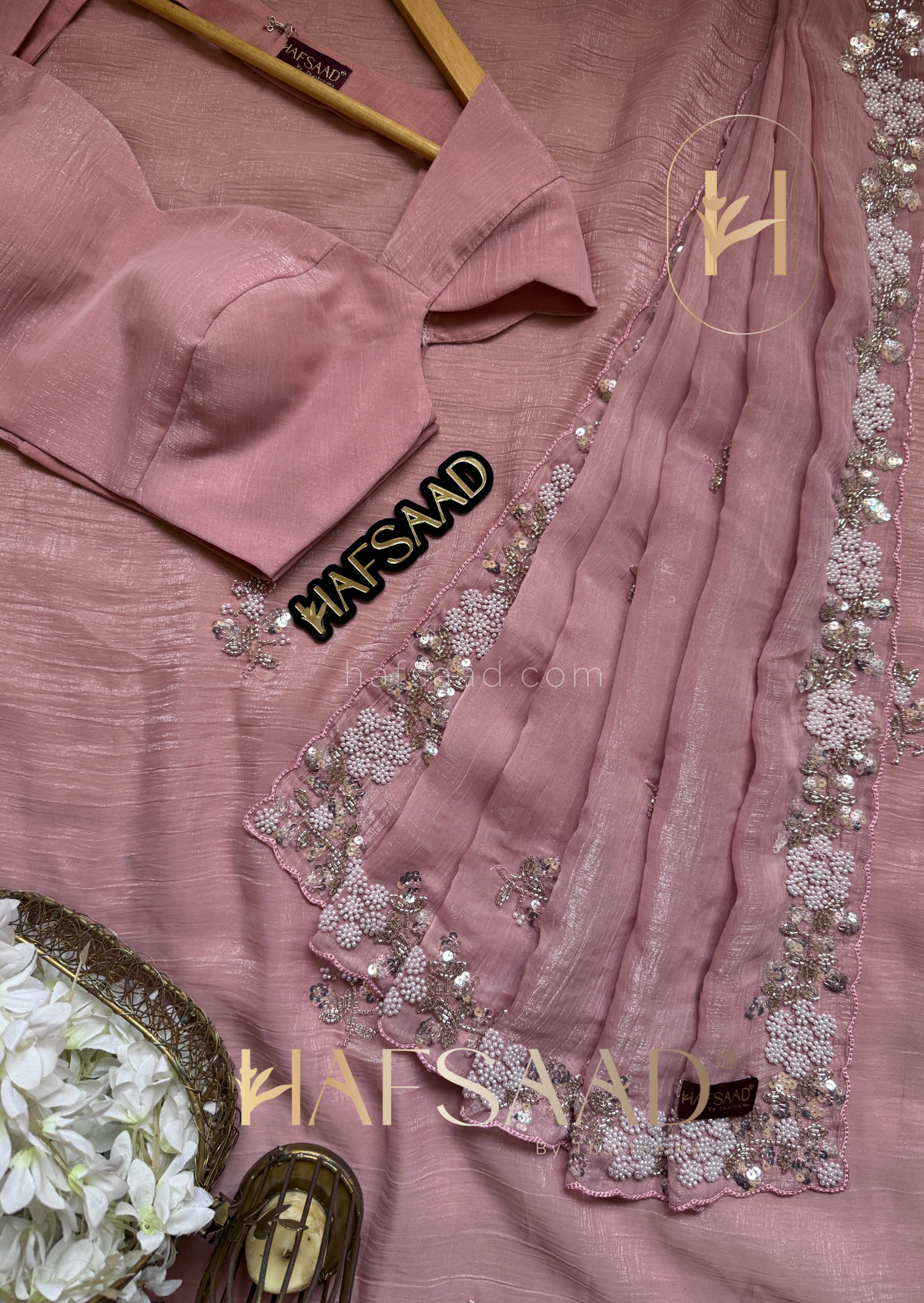 Soft Pink Chiffon Silk Saree Heavy Handwork with Beads work, Khatli Work, Sequins Work and Aacro Border
