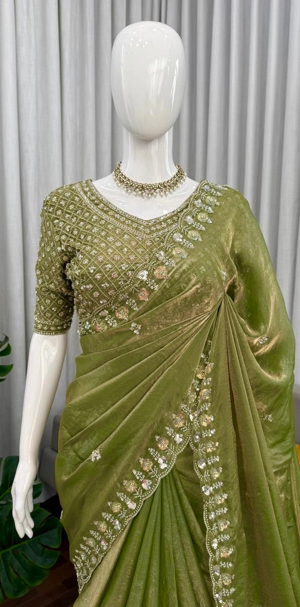 Pure Soft Space Silk Saree with beads and sequins work