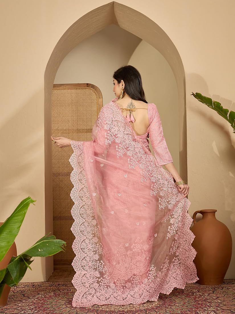 PASTEL PINK Color Organza Silk Saree