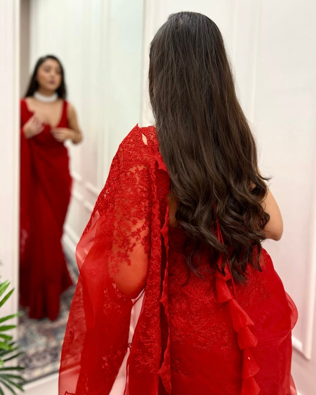 Vermillion Red Color Organza Saree embellished with dori, Hand embroidery and cut-work