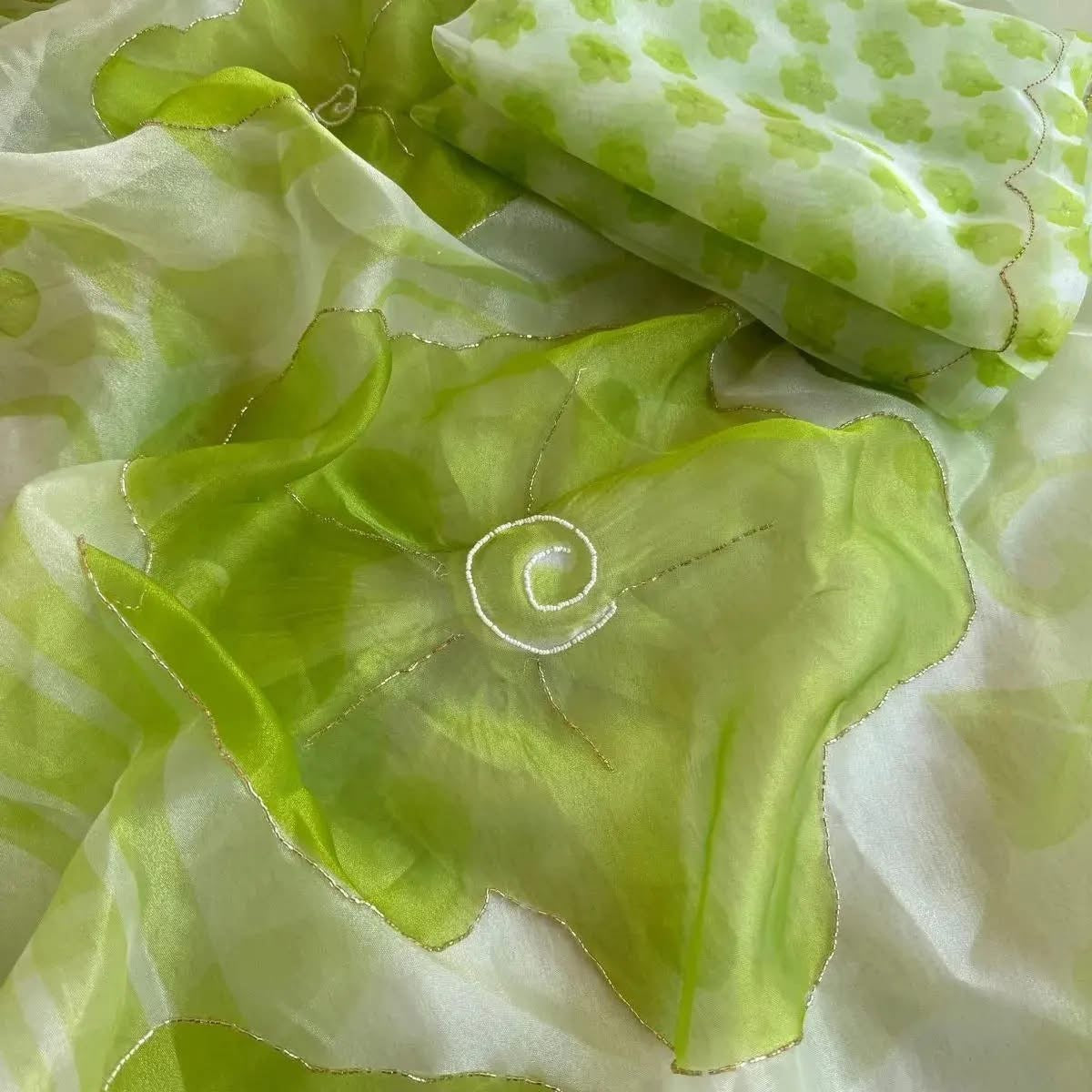 Fresh Lime Green Elegant Organza hand work Khatli and Pearl Work saree with digital print blouse piece