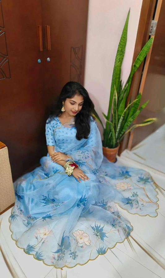 Organza Saree with Pearl and Khatli Work Powder Blue Color