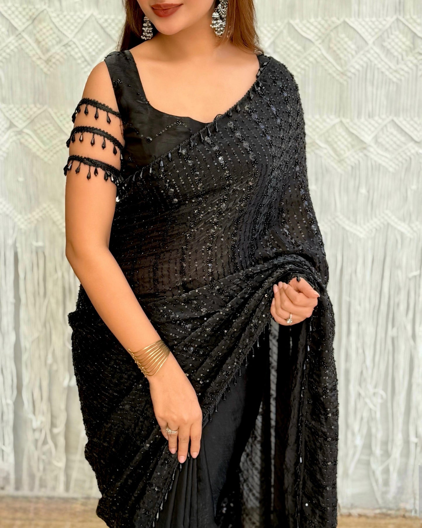 JET BLACK Color Fendi Satin Saree