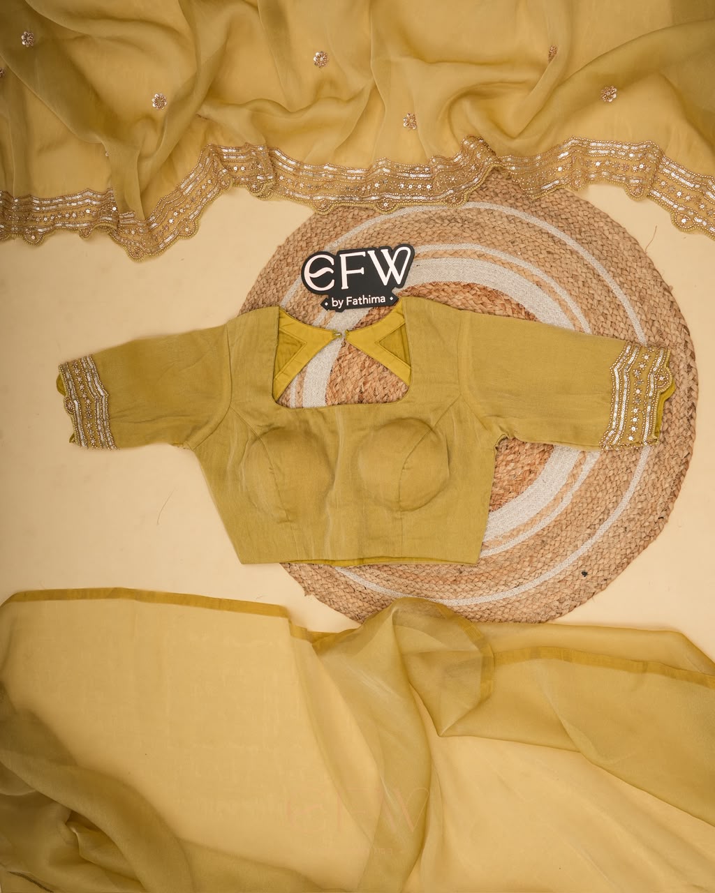 CHARTREUSE OLIVE Color Tissue Chiffon Saree