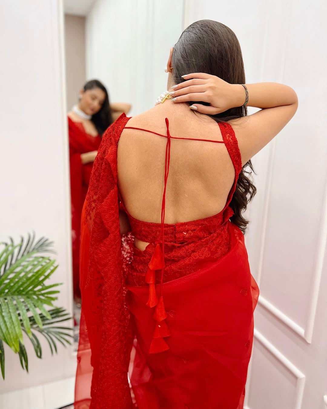 Vermillion Red Color Organza Saree embellished with dori, Hand embroidery and cut-work