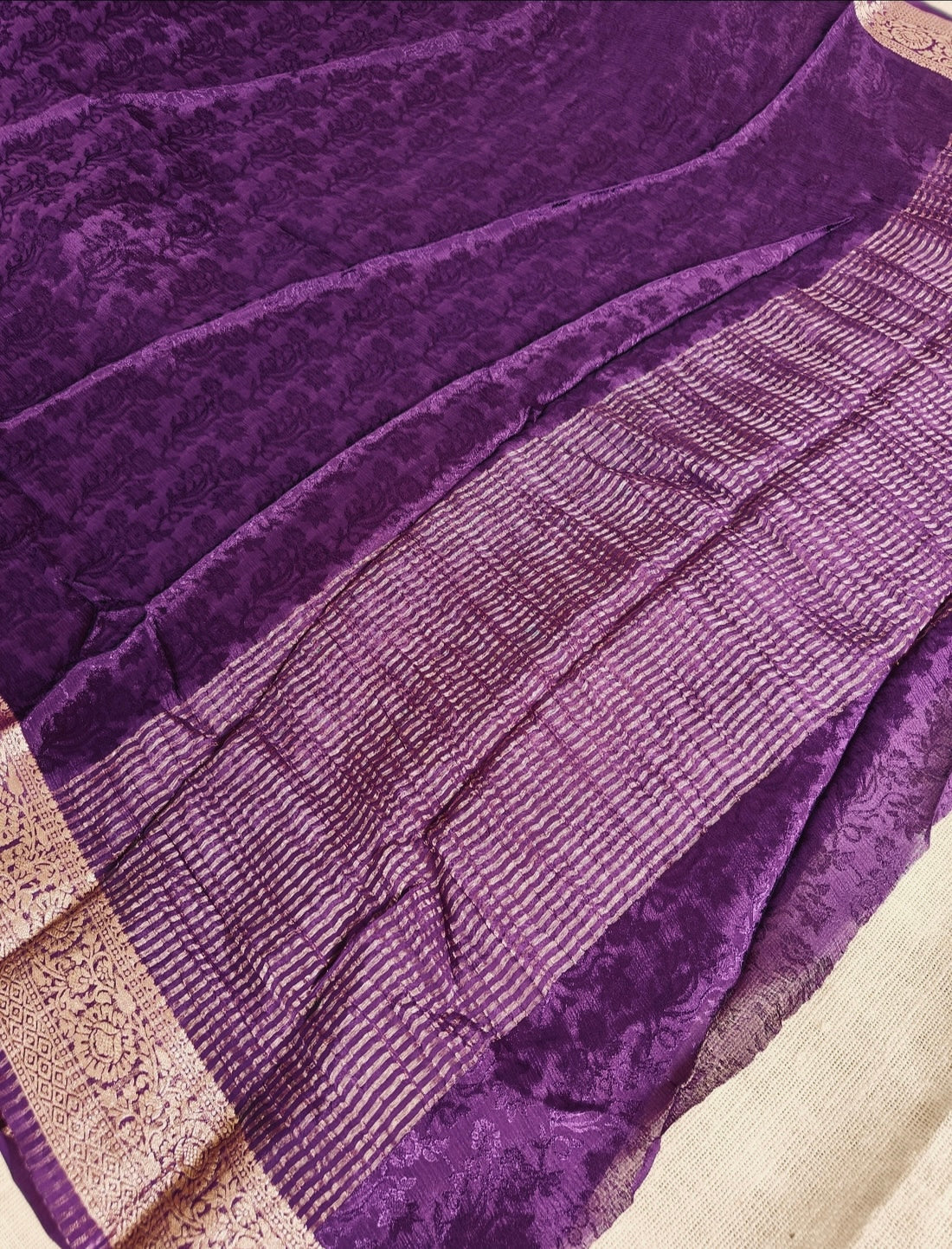 Viscose chinnon saree Deep Purple Color with banarasi weaving blouse