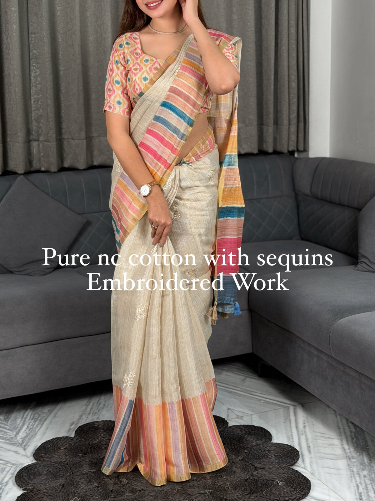 Beige and Rainbow-striped NC Cotton Saree