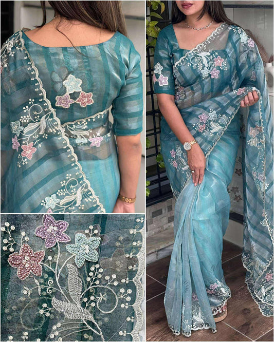 Pure Tissue Saree Thread Embroidery work, Pearl stone work in full saree with Silver and Gold zari weaving stripes