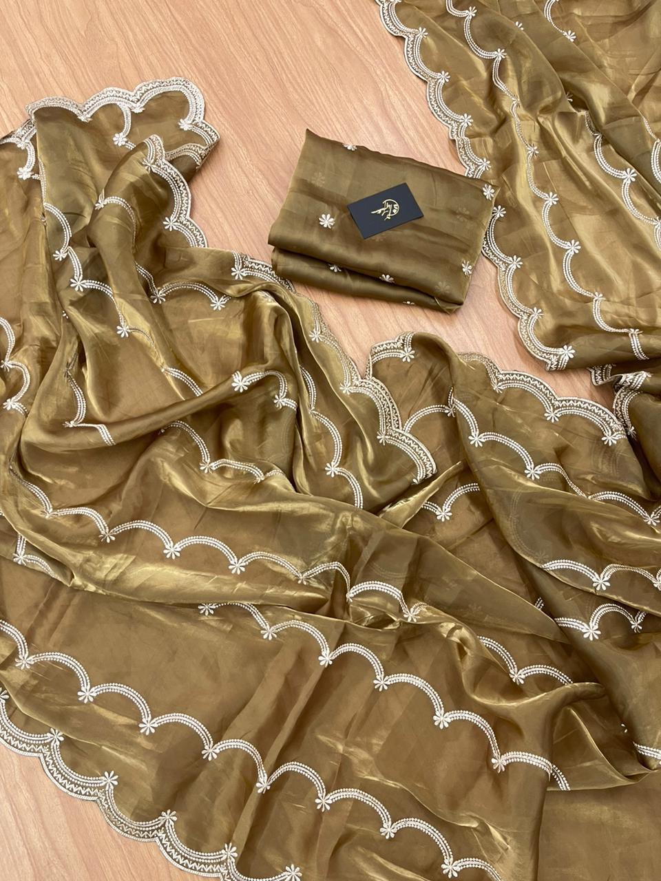 Jimy Chu Organza Saree with Aacro Border Embroidery work