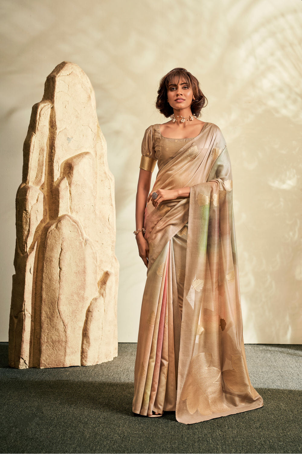 CHAMPAGNE BEIGE Color base KHADI SILK Saree flows gracefully with warm gold, pastel blush pink, muted sage green