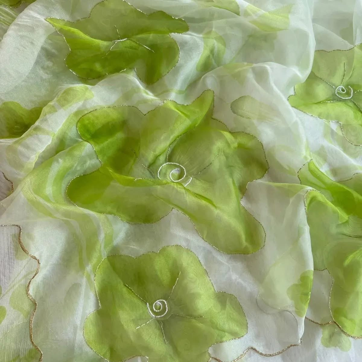 Fresh Lime Green Elegant Organza hand work Khatli and Pearl Work saree with digital print blouse piece