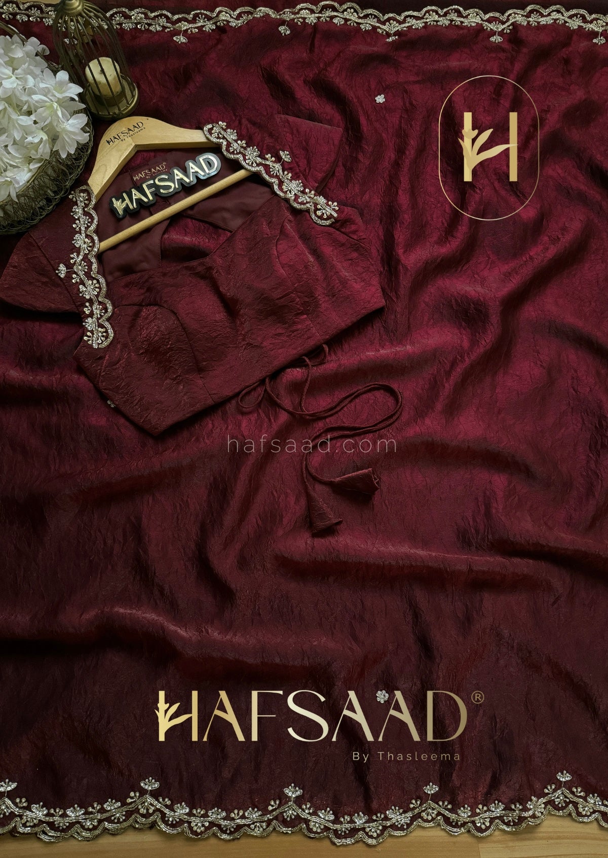 Richness of MAROON RED, the mystery of BLACK Crushed Fendi Silk Saree Featuring a constellation of pearl and sequin work