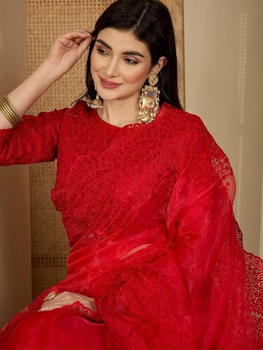 Vermillion Red Color Organza Silk Saree