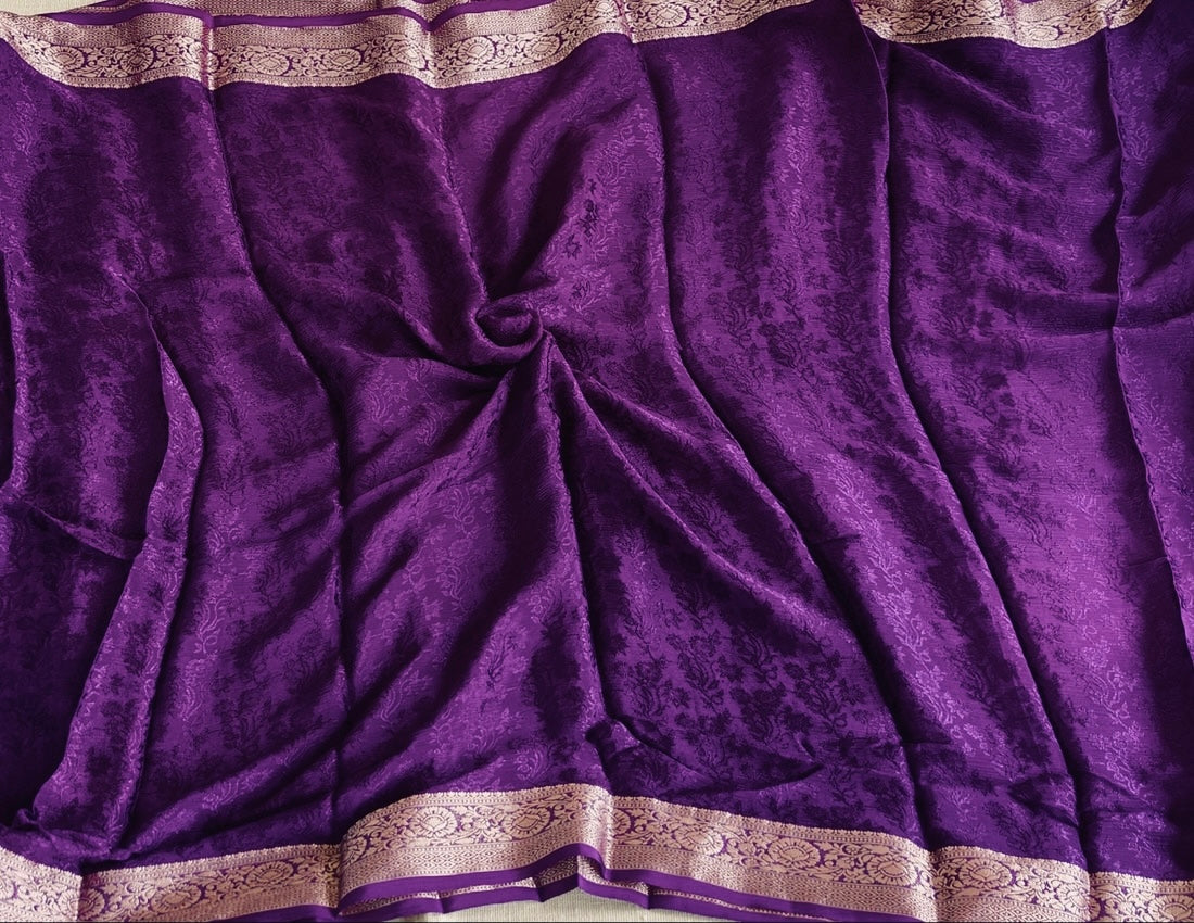 Viscose chinnon saree Deep Purple Color with banarasi weaving blouse