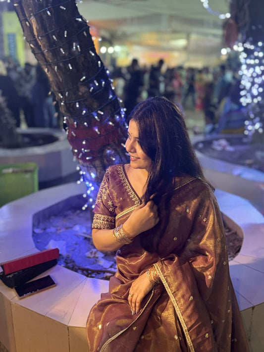 Soft Cosmos Tissue Silk Golden Zari Sabyasachi Inspired Sarees with Designer Stitched Blouse