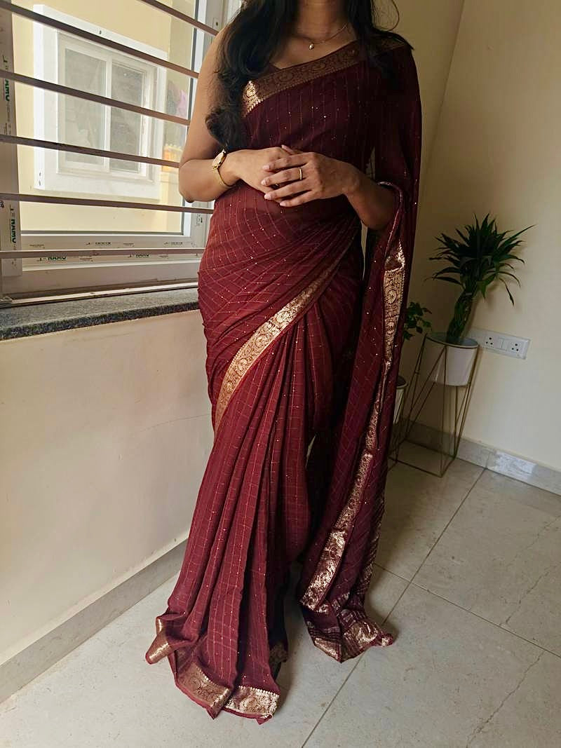 CHOCOLATE BROWN Color Viscose Georgette Saree