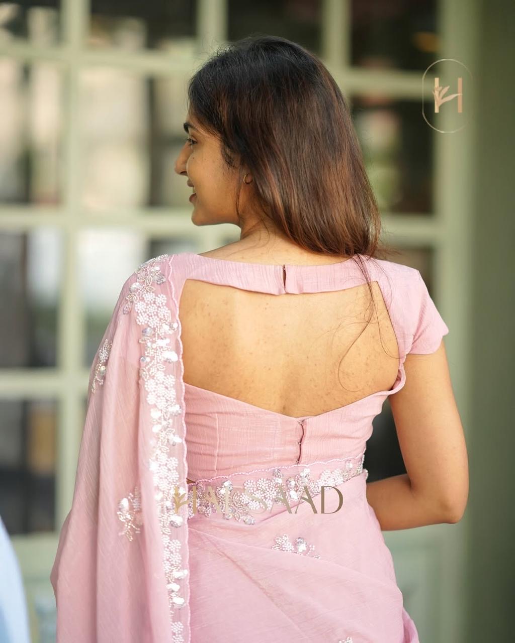 Soft Pink canvas kissed with twinkling charm Chiffon Silk Saree with Heavy Handwork with Beads work, Khatli Work, Sequins Work and Aacro Border
